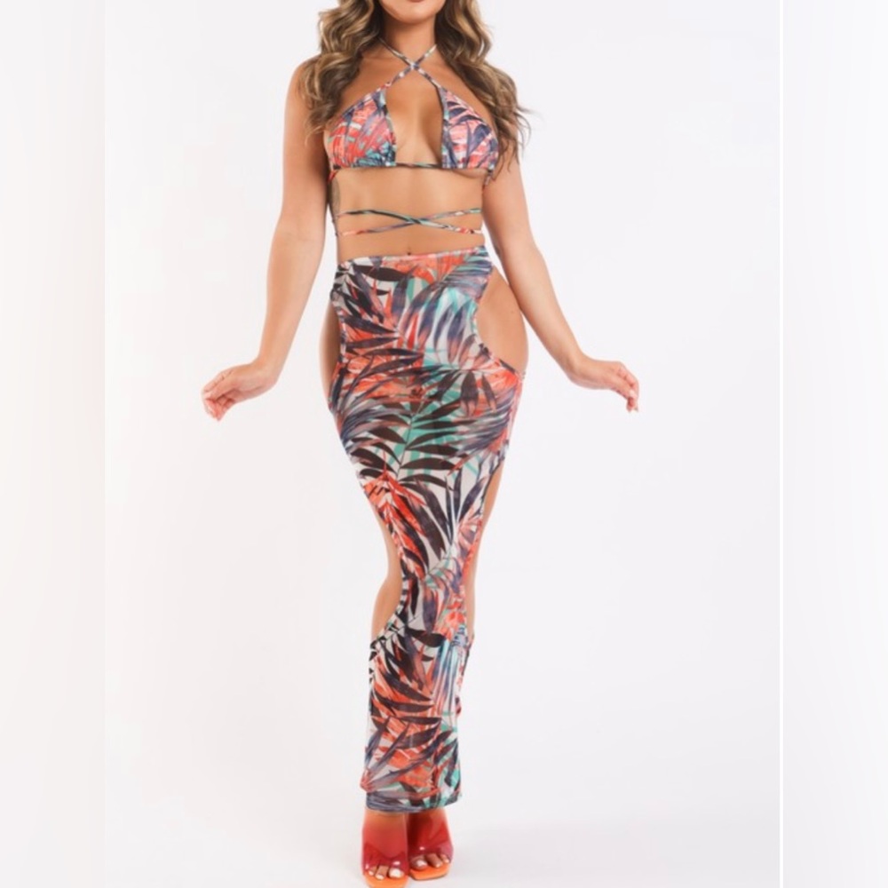 Multicolor Tropical Floral Print Mesh Bikini and Skirt Set